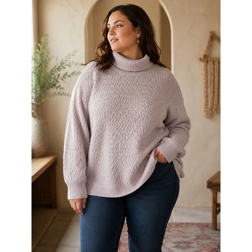 Lands' End Women's 3X Mauve 100% Cotton Textured Cable Knit Turtleneck Sweater